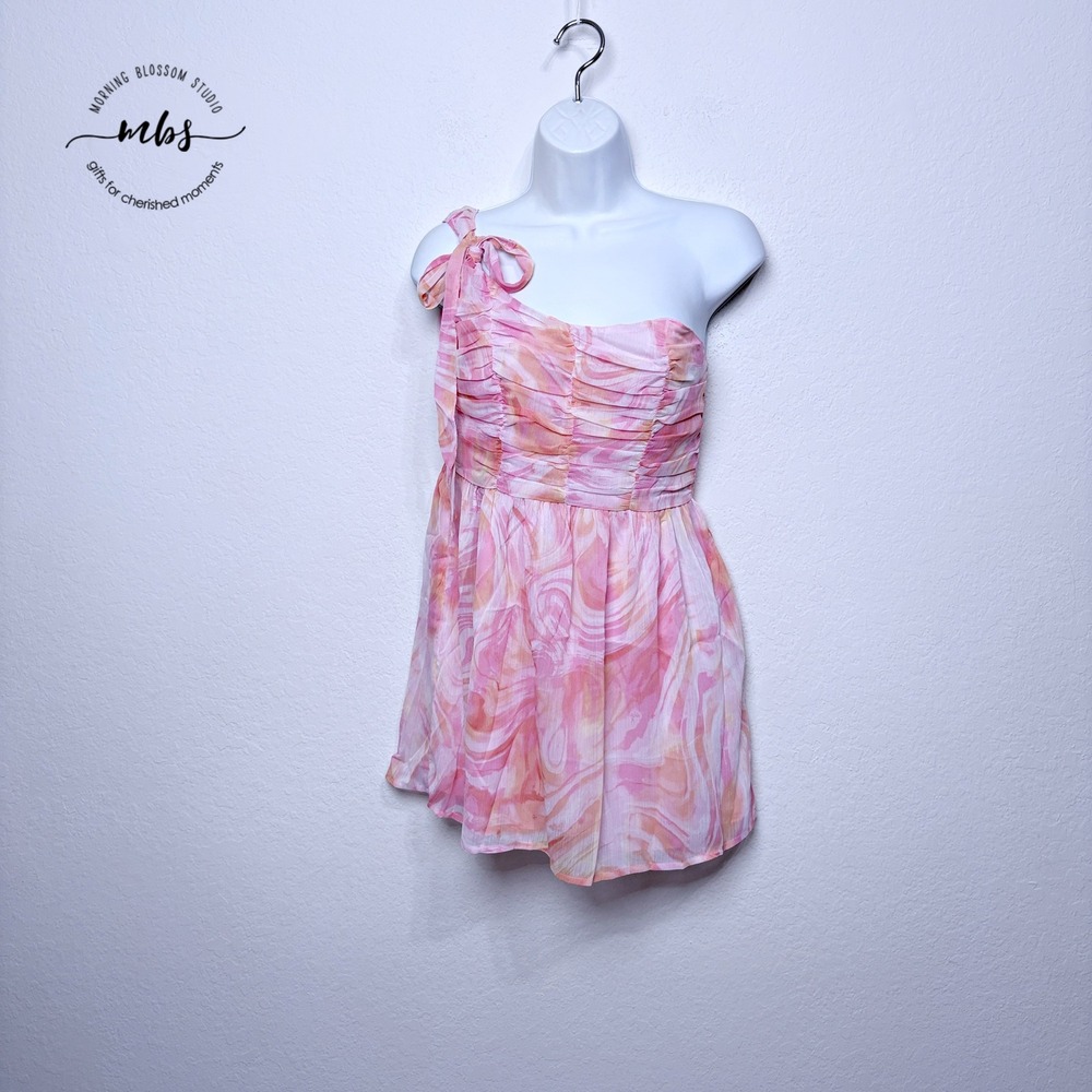 NWT Sky To‎ Moon Marble Ruched One-Shoulder Mini Dress Pink Orange  Women L